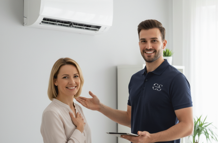 Klima servisi sonrası memnun kalan müşterisine bilgi veren Bursa Coolservis uzman teknisyeni.